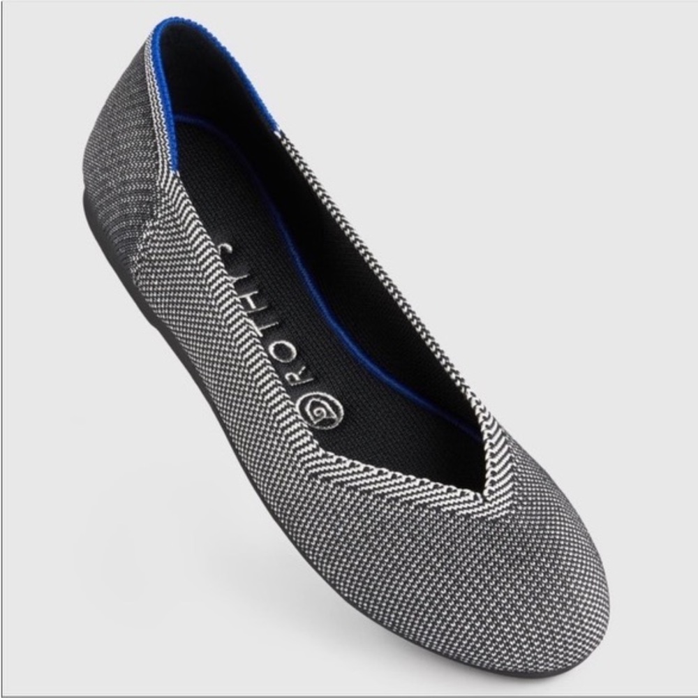 Rothy's Black & White Knit Ballet Flat with Blue Trim